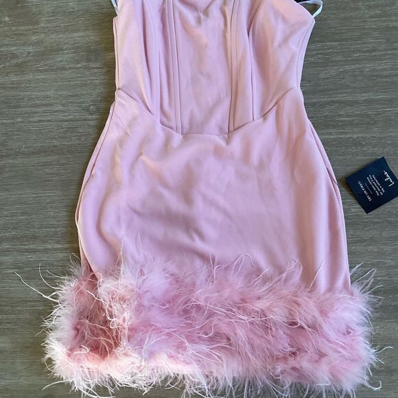 Lulu’s Fabulous Delight Light Pink Strapless Bustier Feather Mini Dress M Nwt - Picture 7 of 8